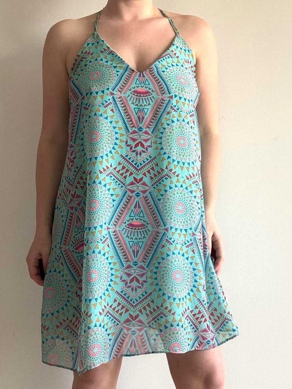 Mint light blue abstract geometric print strappy t back flowy boho minidress